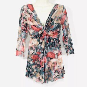 Vintage Y2K Johnny Heaven Mesh Top Sz L Fairy Floral Garden Flowy Stretchy